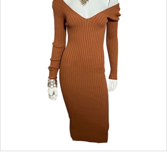 Hera Collection Off The Shoulder Ribbed Rust Midi Bodycon Dress - M - Picture 3 of 12